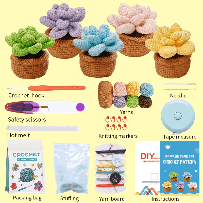 A complete Crochet Kit with all materials to create colorful crochet succulent plants.